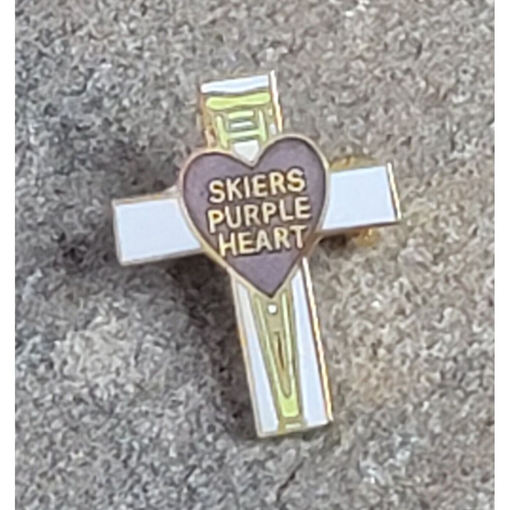 Skiers Purple Heart Cross Ski Travel Resort Souvenir Broken Bones Club Lapel Pin